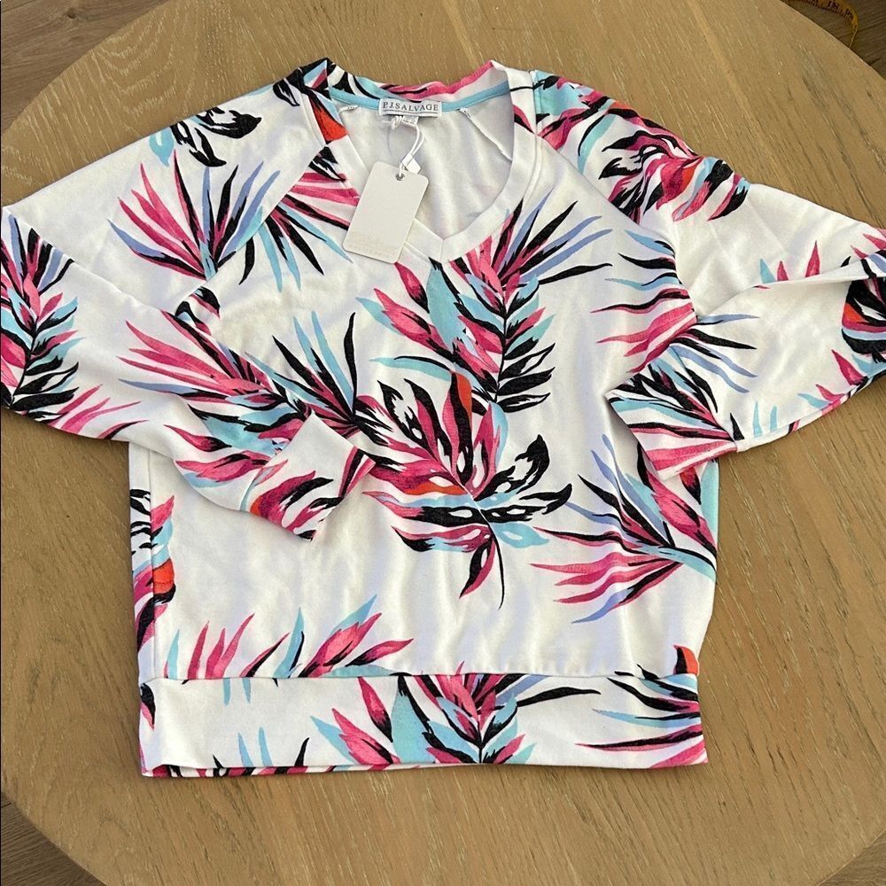 PJ Salvage Long Sleeve Cozy Loungewear Top, White with Pink Black, Size XS, NWT